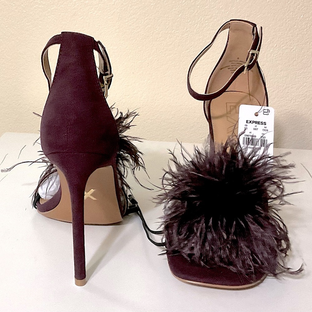 Express Feather Heeled Sandals Wine 8 - Picture 7 of 8